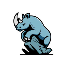 Illustration of vector design a rhino stands on a stone, rhino icon, rhino logo, very good as a sticker, with a plain background.