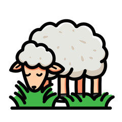 Illustration of vector design a sheep is eating grass, sheep icon, sheep logo, very good as a sticker, with a plain background.