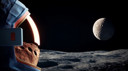 Astronaut observing a lunar landscape with a distant moon in the background, showcasing space exploration
