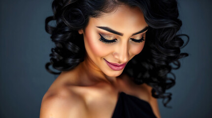 Naklejka premium A captivating woman with shimmering golden eyeshadow and luscious dark curls, exuding elegance and confidence in soft, dramatic lighting.