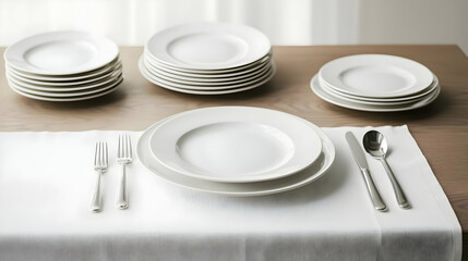 White Porcelain Dinnerware Set On Light Wooden Table