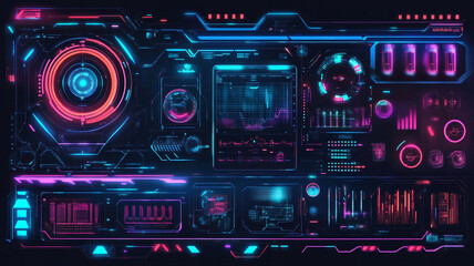 Obraz premium Futuristic Neon Display Panel with Interactive Digital Elements, High-Tech Graphs, and Abstract Design for Technology Inspired Visuals