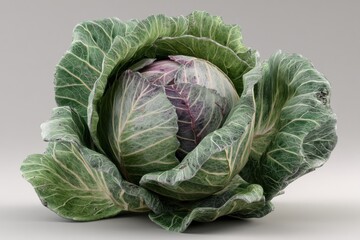 Fototapeta premium Fresh cabbage with vibrant outer leaves displaying texture and color variations against a neutral background