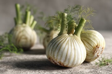 Freshly harvested fennel bulbs with trimmed tops ready for culinary use in a rustic kitchen setting