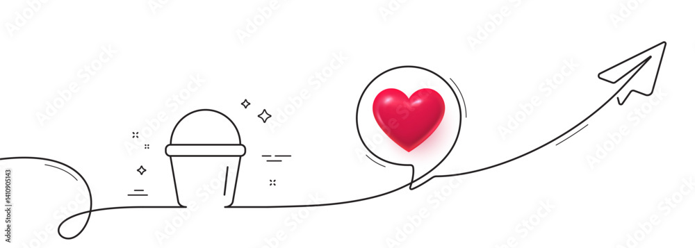 Poster cleaning bucket line icon. continuous line with share plane. washing housekeeping equipment sign. 3d