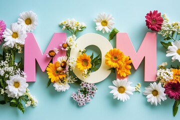 Obraz premium A pastel background with flowers and the word mom in pink and white block letters decoration