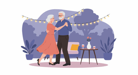 Elderly couple dancing joyfully in a garden setting   
