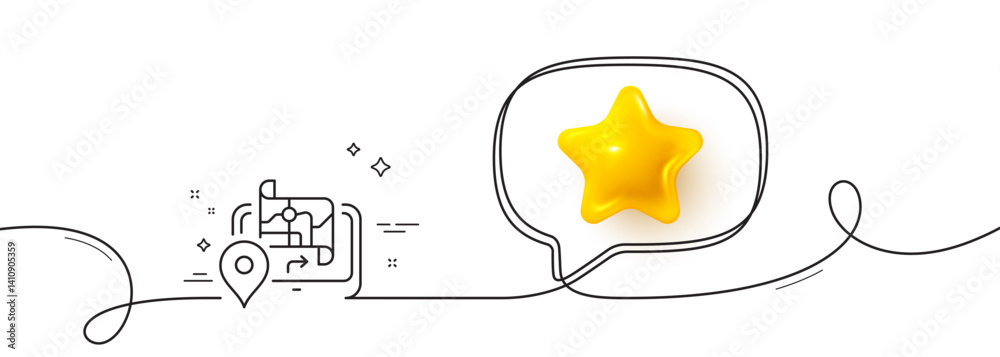 Poster gps map line icon. continuous line with 3d star. road path sign. journey route device symbol. 3d sta