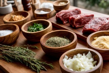 Fototapeta premium A close-up of fresh ingredients, including beef and spices, are prepared for a delicious meal.