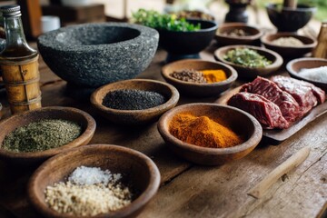 Fototapeta premium A collection of vibrant spices and fresh raw meat are arranged for a flavorful cooking session.