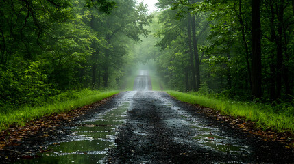 Fototapeta premium Rainy Forest Path Through Green Trees