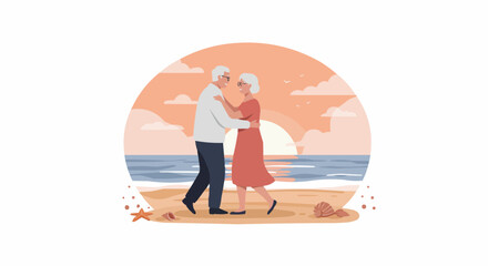 Elderly couple dancing happily on the beach at sunset  