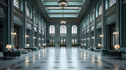 Fototapeta premium Grand Teal Lobby Interior Design With Classic Architecture