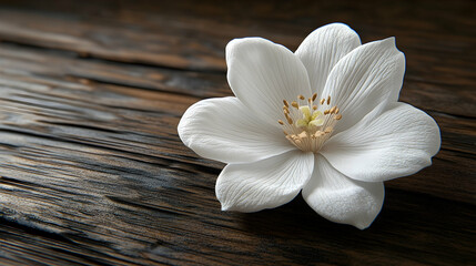 Fototapeta premium Delicate white flower rests on weathered wooden planks.