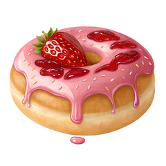Fototapeta premium Donut in pink glaze with strawberries PNG transparent strawberry, donut, filled, jam, bakery, dessert, sweet, treat, pink, icing, fresh, soft, dough, oozing, delicious, 