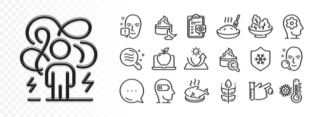 Porridge, Laptop and Difficult stress line icons for web app. Glare of light effect. Message icon. Pack of Weariness, Face attention, Night cream pictogram icons. Vector