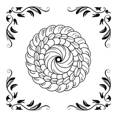 Elegant Swirl Mandala with Floral Border: Grayscale Vector Design