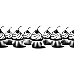 Black & White Cupcake Border with Cherries - Vector Illustration
