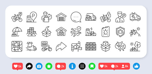 Parking garage, Canister and Packing boxes line icons pack. Social media: share, comment, like icons. Bicycle, Delivery man, Food delivery web icon. Vector