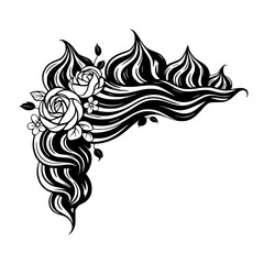 Elegant Floral Hair Corner Design Element in Black and White