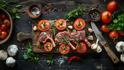 A rustic and mouthwatering flat lay of beef osso buco, or braised veal shanks with potatoes in tomato sauce, surrounded by fresh herbs on an old wooden table. The dish is centered
