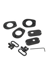 Set of black metal sling swivels, spacers, and mounting plates for rifle, isolated on white back