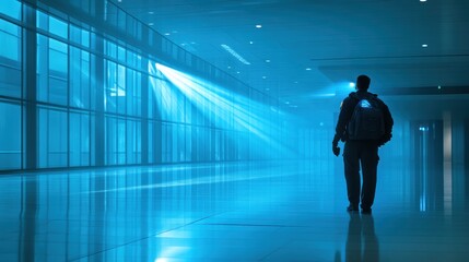 Fototapeta premium Silhouette of a Traveler in a Futuristic Corridor with Sunlight Beams