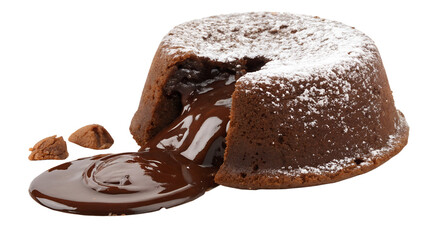A decadent molten lava cake is presented, its warm chocolate core flowing out and pooling on the surface. The cake is dusted with fine powdered PNG   transparent