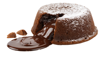 A decadent molten lava cake is presented, its warm chocolate core flowing out and pooling on the surface. The cake is dusted with fine powdered PNG   transparent
