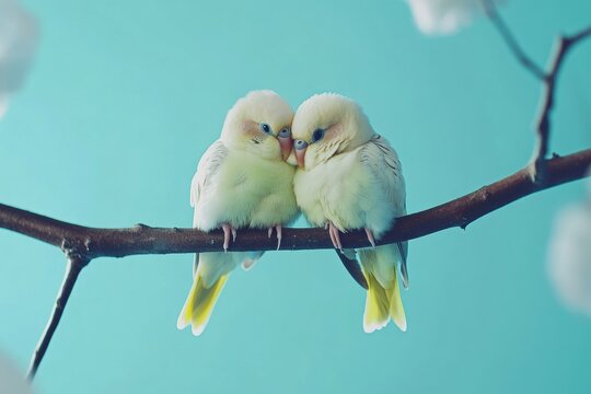 Two forpus parrots showing affection on a branch