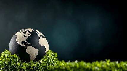 Black and white globe resting on green foliage, symbolizing environmental awareness and sustainability