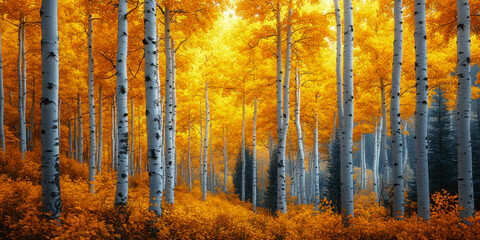Fototapeta premium Aspen Grove in autumn showcasing vibrant golden leaves and serene nature in a tranquil forest setting