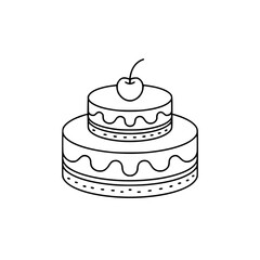 Simple Line Art Birthday Cake with Cherry Topper - Vector Illustration