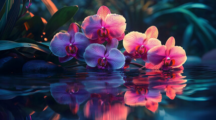 Radiant orchids reflected in a still water surface. © Muhammad