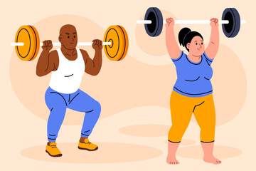 Obraz premium Man and woman lifting barbells together during a weight training session on a beige background