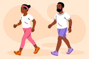 Man and woman walking together in sportswear for a low-impact fitness activity