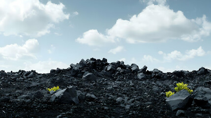 Obraz premium Dark Rocky Landscape With Small Plants Under Cloudy Sky