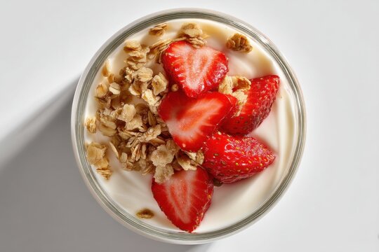 Top view of creamy yogurt topped with fresh strawberries and crunchy granola for a healthy breakfast option