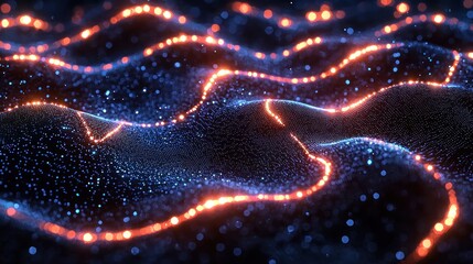 Abstract Glowing lines flowing over a blue, granular, undulating surface