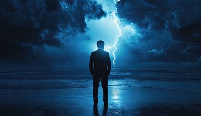 Man in suit facing stormy ocean and lightning (1)