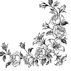Elegant Floral Corner Border: Roses & Lilies, Black & White, Decorative Design
