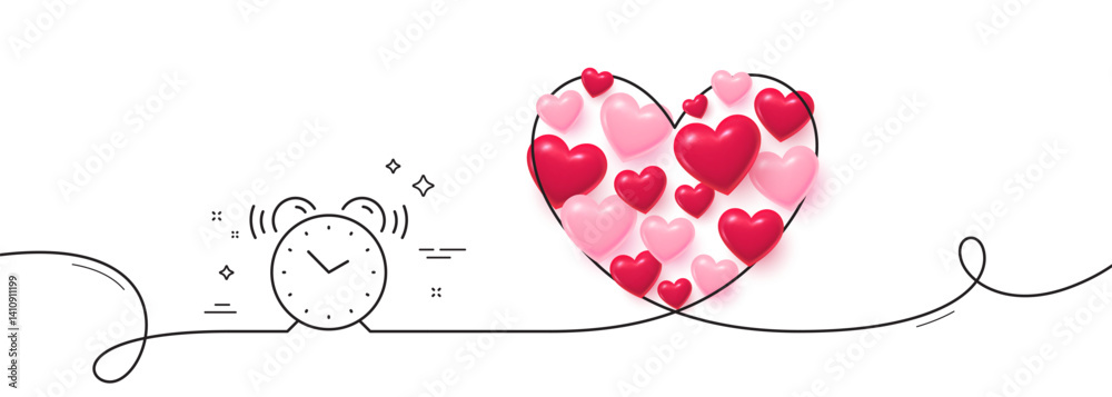 Poster alarm clock line icon. continuous line big heart. time sign. watch symbol. 3d hearts in heart shaped