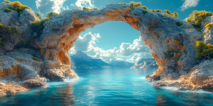 Natural sea arch in a tranquil coastal landscape with vibrant colors and serene waters
