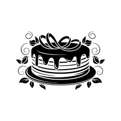 Elegant Black & White Cake Illustration with Floral Flourishes