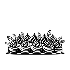 Obraz premium Stylized Black and White Pastries with Leaves, Dessert Illustration