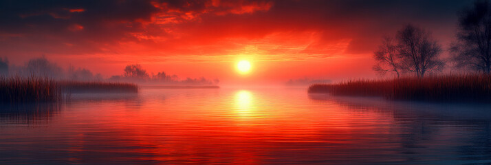 Fototapeta premium Stunning sunset over a tranquil marsh reflecting vibrant colors in a serene landscape at dusk