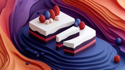 Layered cake with berries on a colorful abstract background