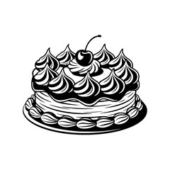 Black and White Cake Illustration with Cherry Topping