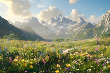 Fototapeta premium A vibrant alpine meadow bathed in sunlight.