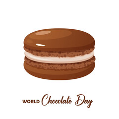 Chocolate French macaron dessert with lettering World Chocolate Day isolated on white background.	
